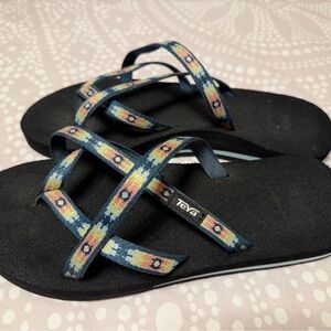 Teva Women's Black Sandals with Blue Aztec-Style Straps